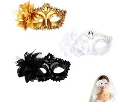 Set van 3 Venetiaanse Maskers in Goud, Wit en Zwart met Kant en Bloemen, Luxe Halve Gezichtsmaskers met Strass voor Bruiloften, Prom, Carnaval en Cosplay voor Volwassenen