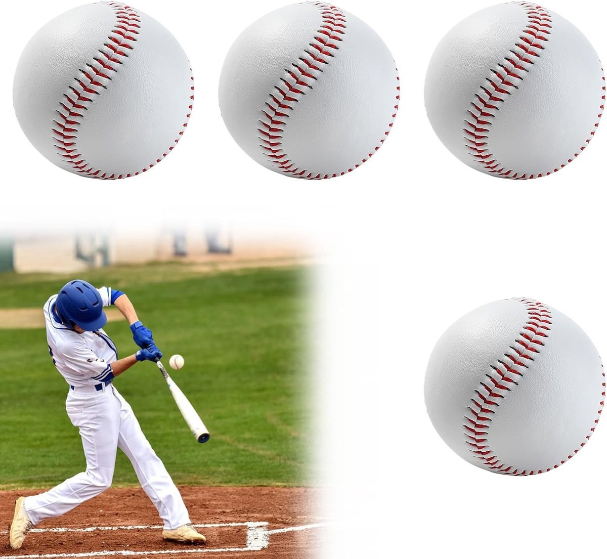 Set van 4 Professionele Honkballen van 22,4 cm met Zachte Rubber Kern voor Training en Spelplezier voor Kinderen en Volwassenen
