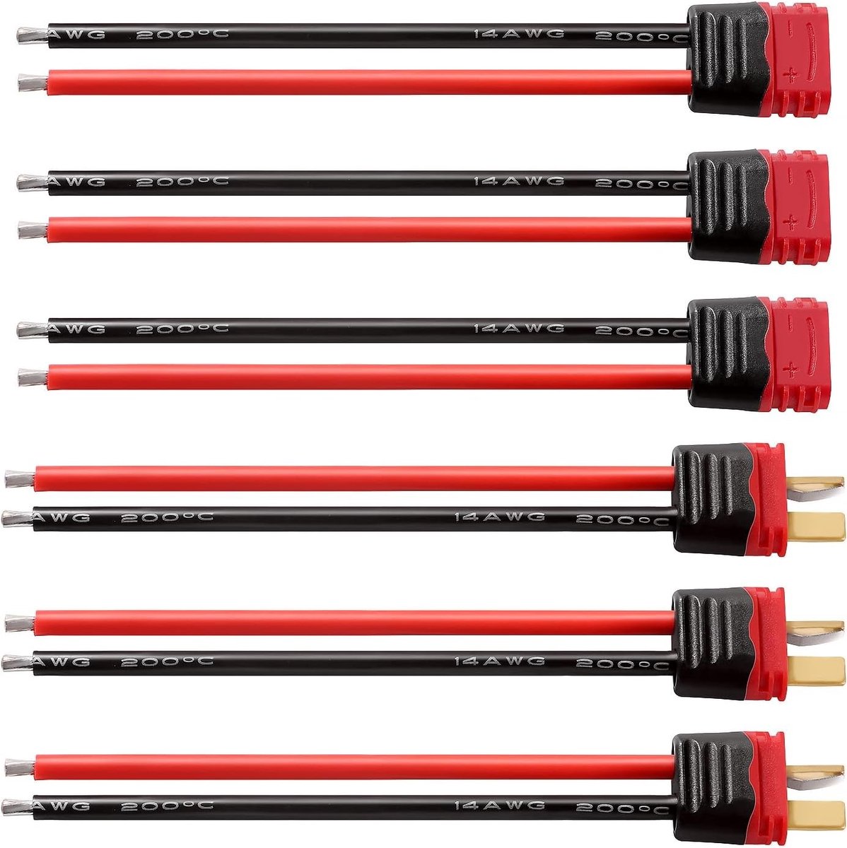 3 Paar Non-Slip T Male Female Plug Connectoren Adapter met Sheath, T-Plug Connectoren voor RC Lipo Accu, Geschikt voor Drones en Modelbouw met 14AWG Silicoon Draad