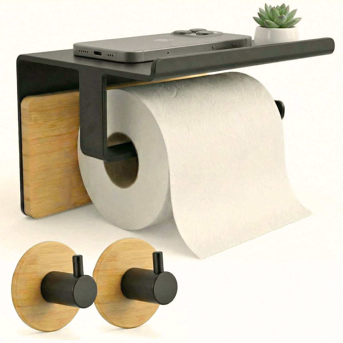 Zelfklevende Toiletpapier Houder met Plank en 2 Haken - Zwart en Bamboe