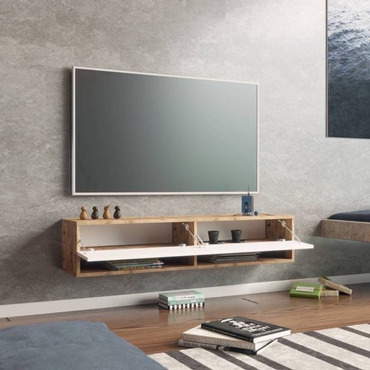 tv meubel – tv kast – tv dressoir – tv tafel – media meubel – Zwevend Wandmeubel – Melamine Spaanplaat Rustiek Eiken Wit – 180 cm Breed – 2 Open Vakjes