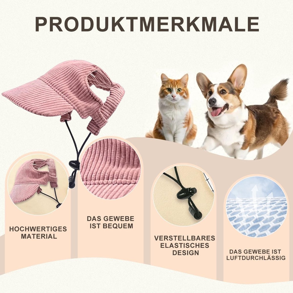 Verstelbare hondenpet met oorgaten, ademend zonnekapje voor honden, perfect voor zomerreizen en bescherming tegen de zon (Roze, L)
