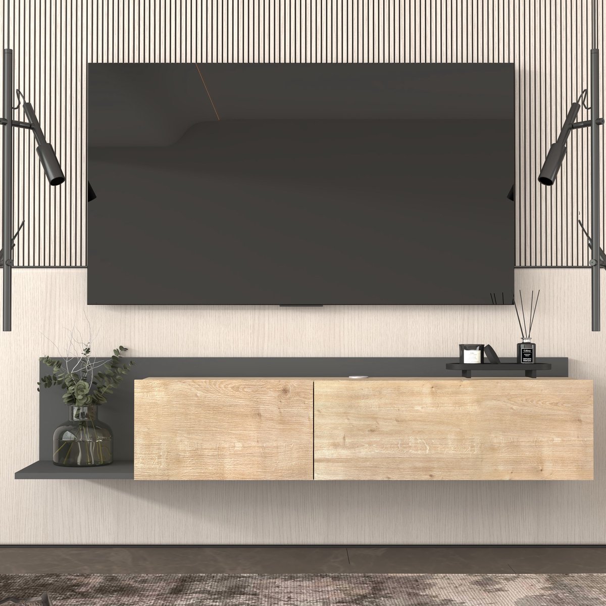 Brandloop Zwevend tv-meubel - 167 cm - Eiken/Antraciet - 2 Kleppen