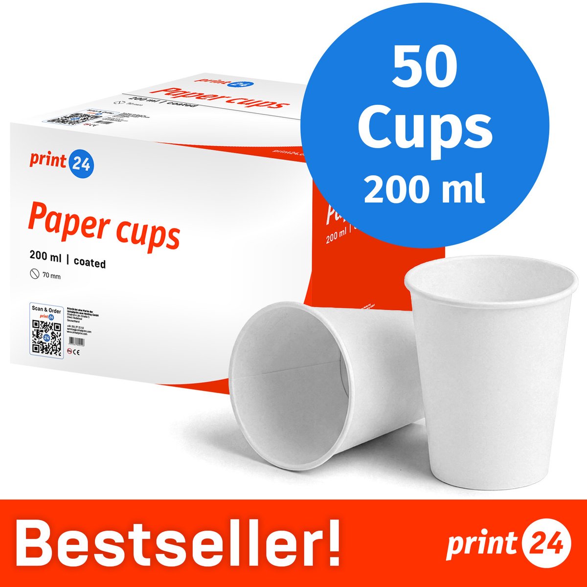 NIEUW: print24 Kartonnen bekers, 200 ml, onbedrukt, wegwerpbekers, 50 stuks