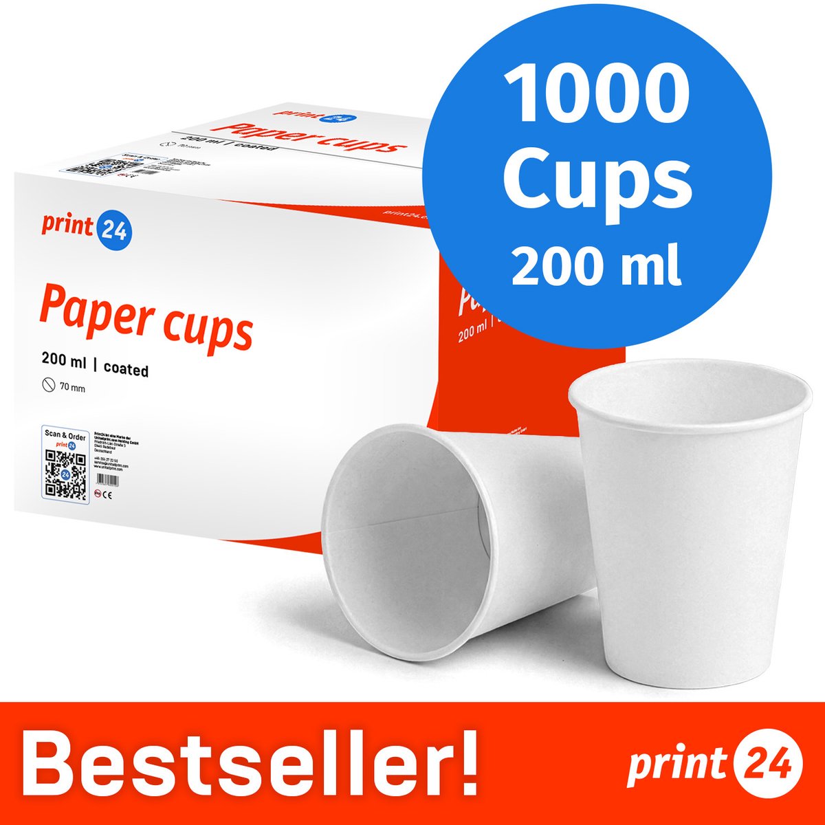 NIEUW: print24 Kartonnen bekers, 200 ml, onbedrukt, wegwerpbekers, 1000 stuks