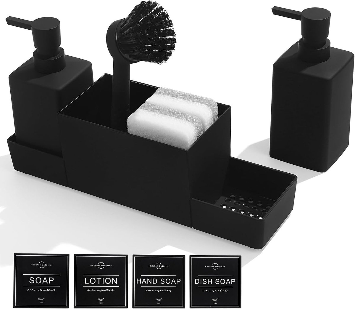 Keukenzeepdispenser Set met Spons en Borstel - 4-in-1 Afwasmiddel Dispenser voor Aanrecht en Gootsteen Organizer met Modern Design