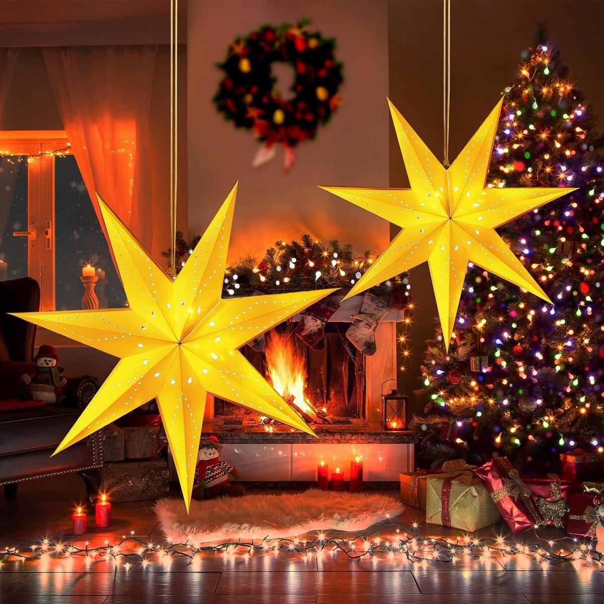 3D Poinsettia Hangdecoratie, Verlichte Papieren Ster, Vouwbare Ster voor Raamdecoratie, Kerstversiering en Sfeerverlichting