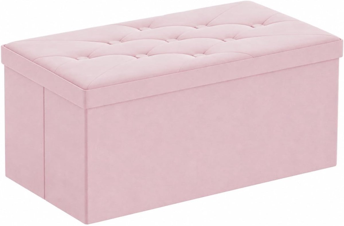 Vouwbare Velours Opbergpoef met Tufting, Opklapbare Voetenbank en Schoenenbank, 80L Opbergruimte, Roze, Comfortabel en Stijlvol