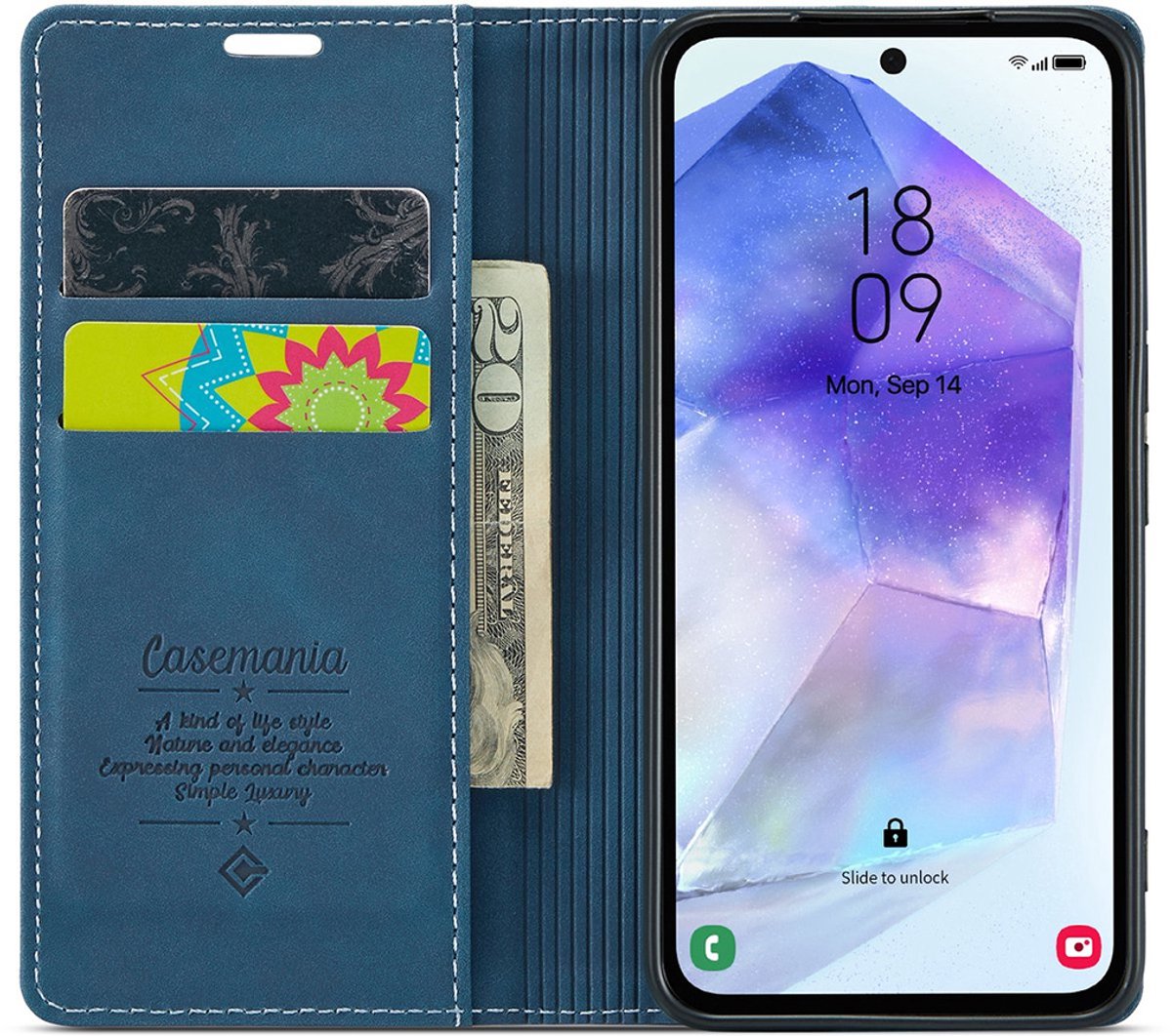 CaseMania Bookcase hoesje geschikt voor Samsung Galaxy A27 - Effen Donkerblauw - Kunstleer