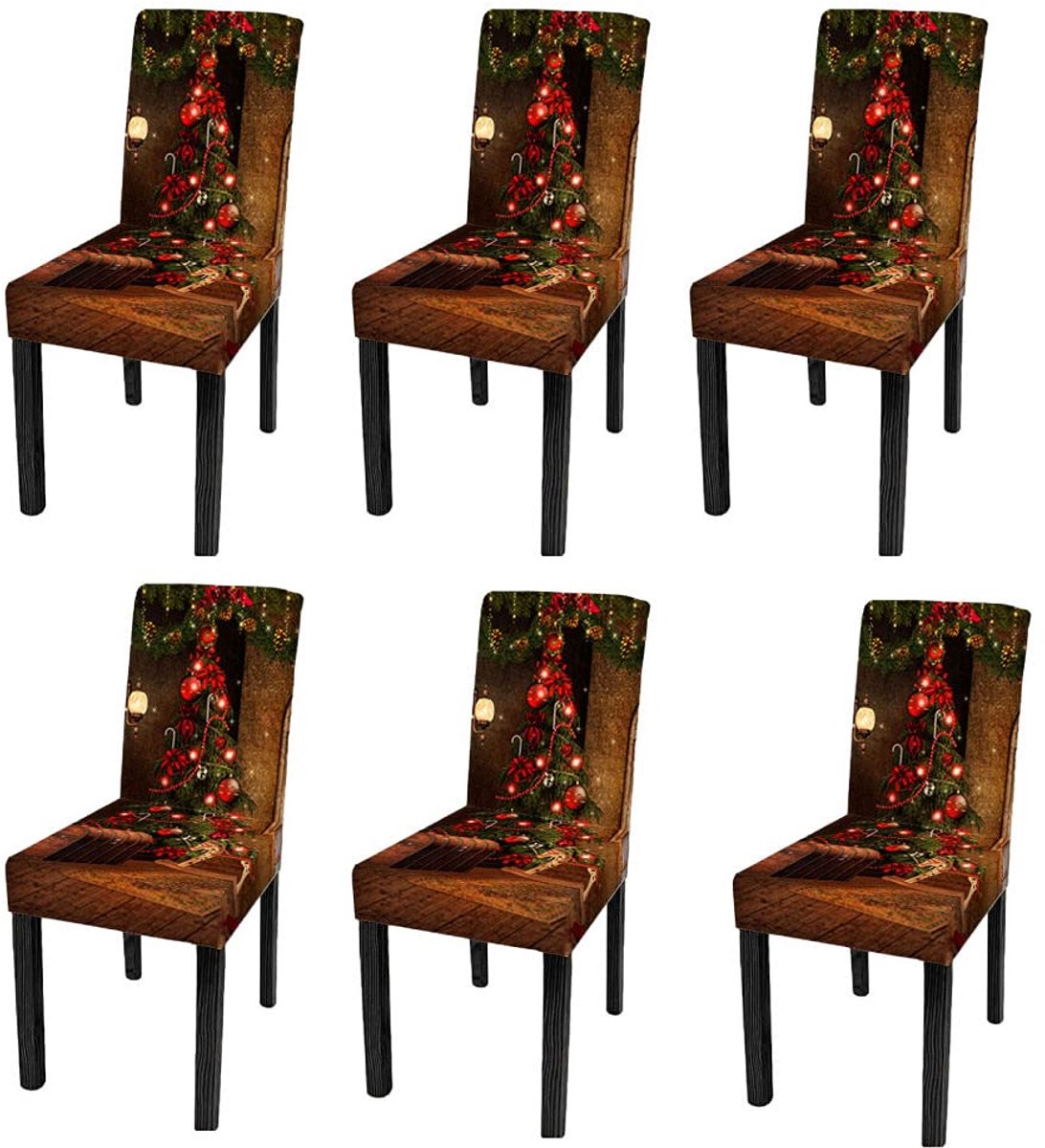 stoelbeschermer, elastische spandex stoelhoes, dennenboom patroon zwarte stoelhoes, slipcovers voor X-Mas Party Keuken Thuis Woonkamer Hotel Kantoor Decoratie, 6 Stks