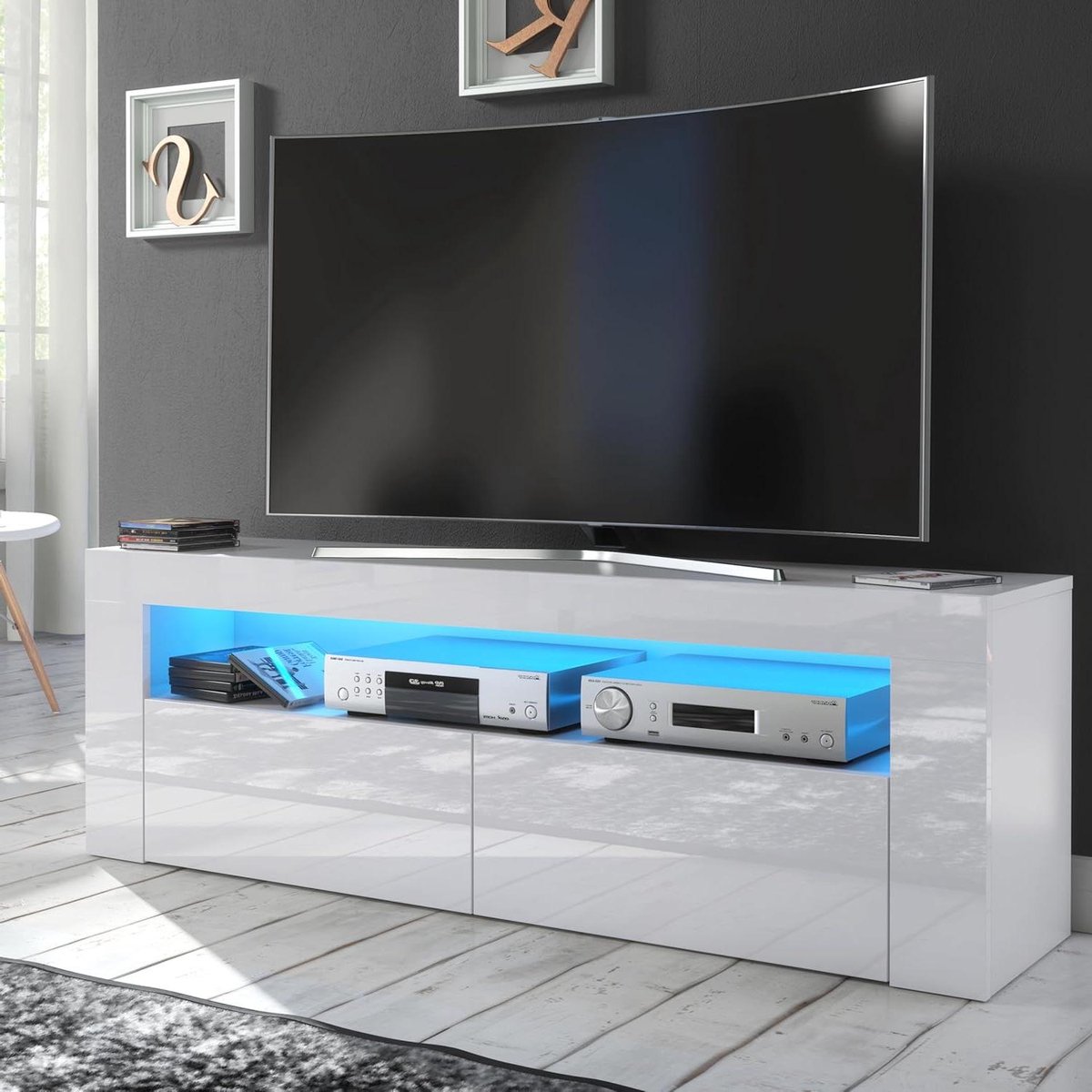 TV-standaard - Mediabox Kast - Woonkamer Opbergen - Hoogglans Front - 145cm Breed - Wit