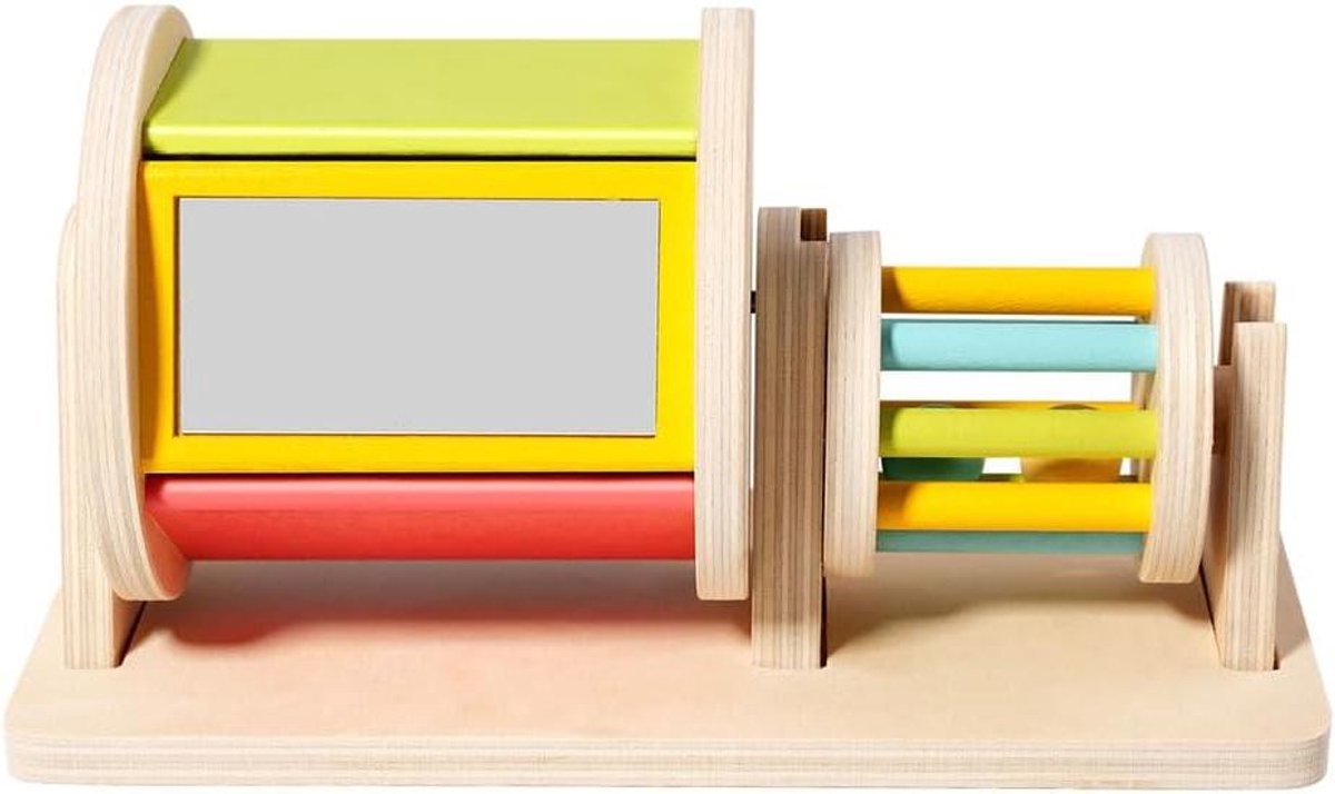 Montessori Draaitrommel - Houten Rammelaar - Baby Ontwikkeling - Met Spiegel - 20 x 12 x 6 cm - Veelkleurig