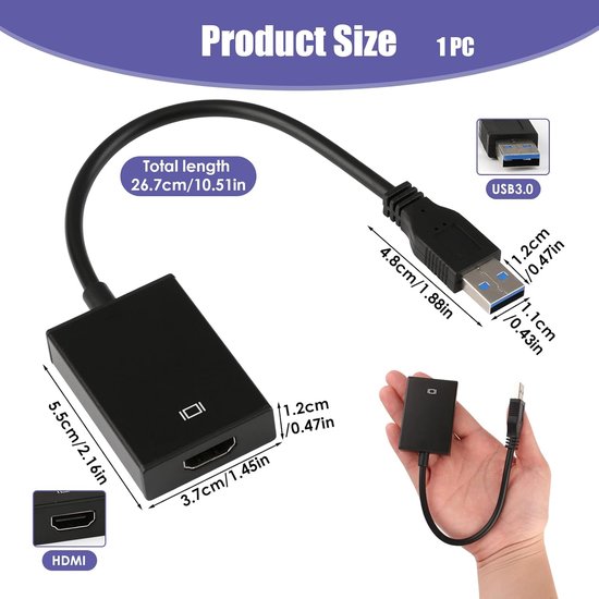 USB naar HDMI Adapter - Converter Beeldscherm - Extra Monitor Aansluiten - Ondersteunt Audio en Video - 1080p Full HD — afbeelding 3