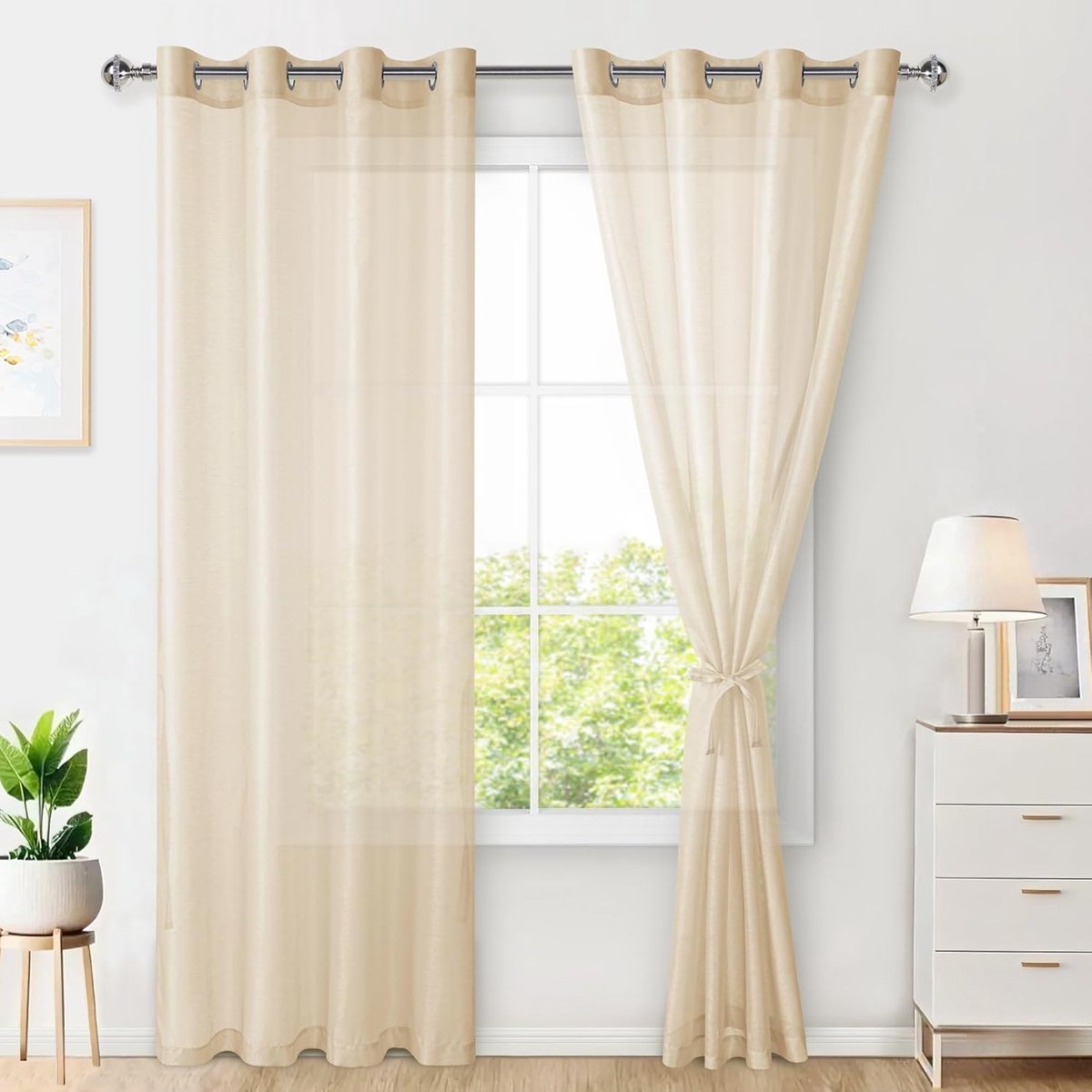 Glasgordijn, set van 2 gordijnen, voor woonkamer, met ingestanste ringen, transparant, doorzichtig, luchtig, decoratief, voor slaapkamer en woonkamer, 215 x 140 cm (h x b), beige