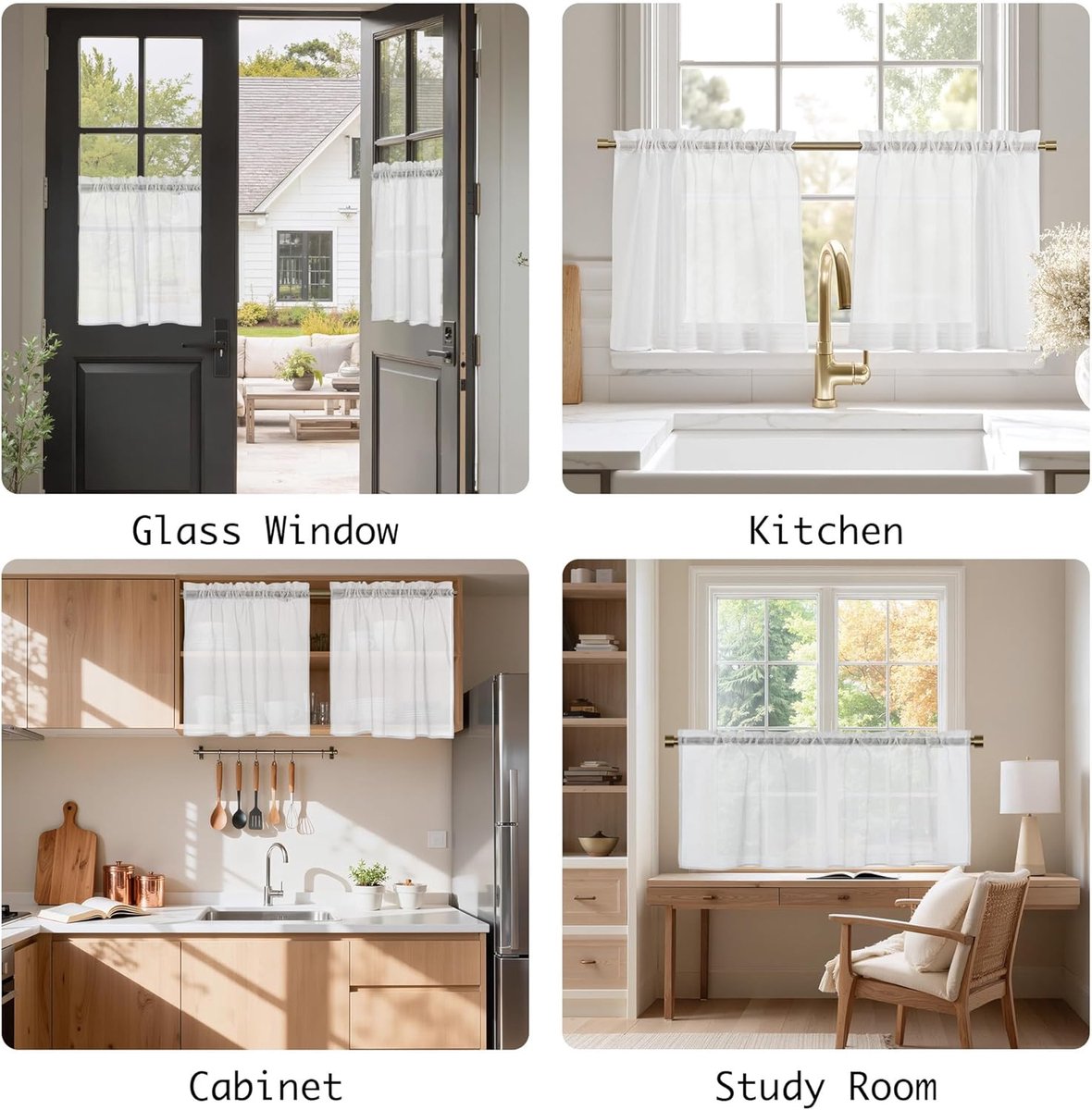 Vitrage Modern Keukengordijn Wit Transparant Gordijnen Bistro kort raam B 90 x H 50 cm set van 2 raamgordijnen met stangdoorvoer korte gordijnen voor keukenramen/kast/caravan