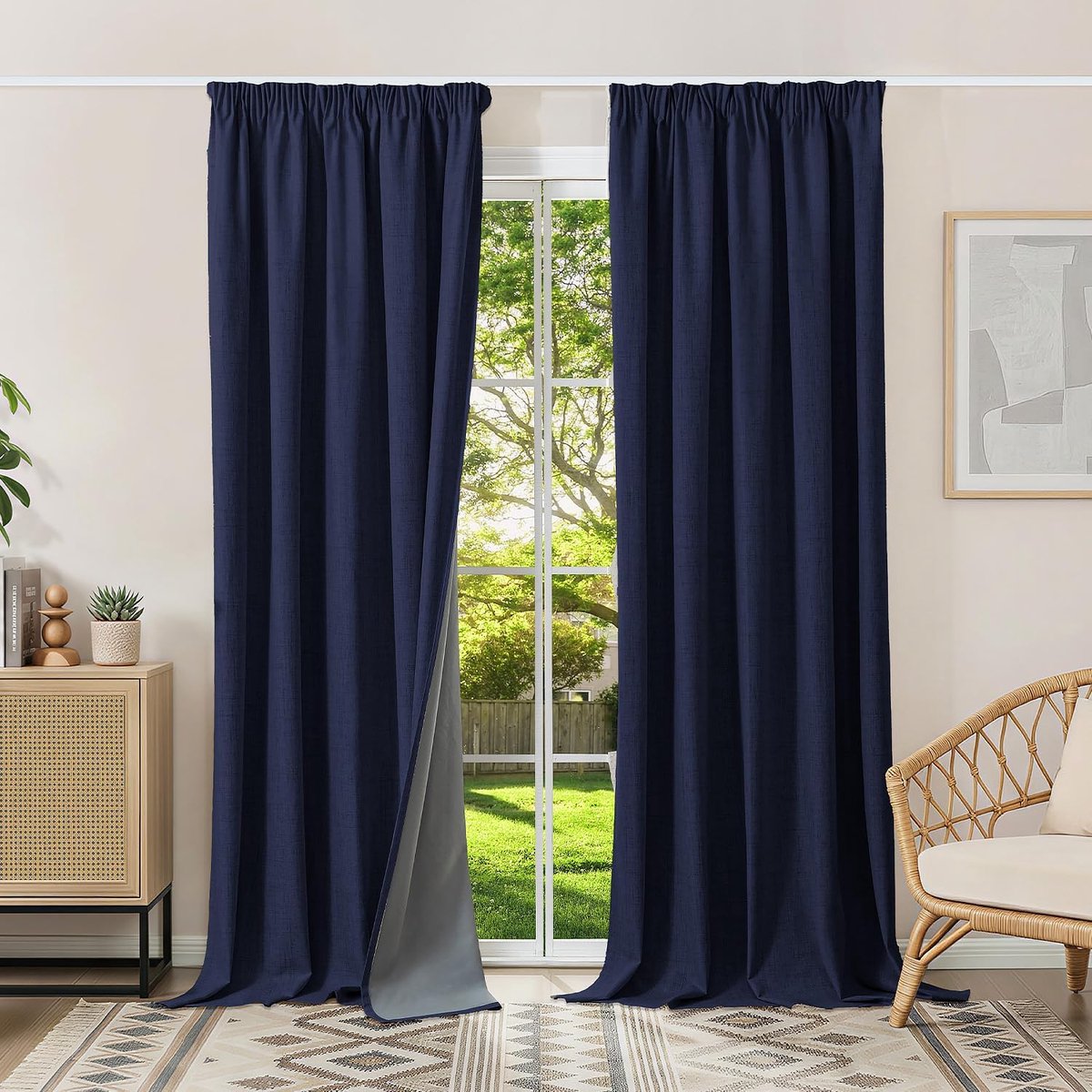 100% verduisterende gordijnen Thermogordijnen koudbescherming gordijnen met plooiband 245 x 140 cm (HxB) set van 2 stuks linnenlook gordijnen ondoorzichtig jeansblauw, schuifgordijnen