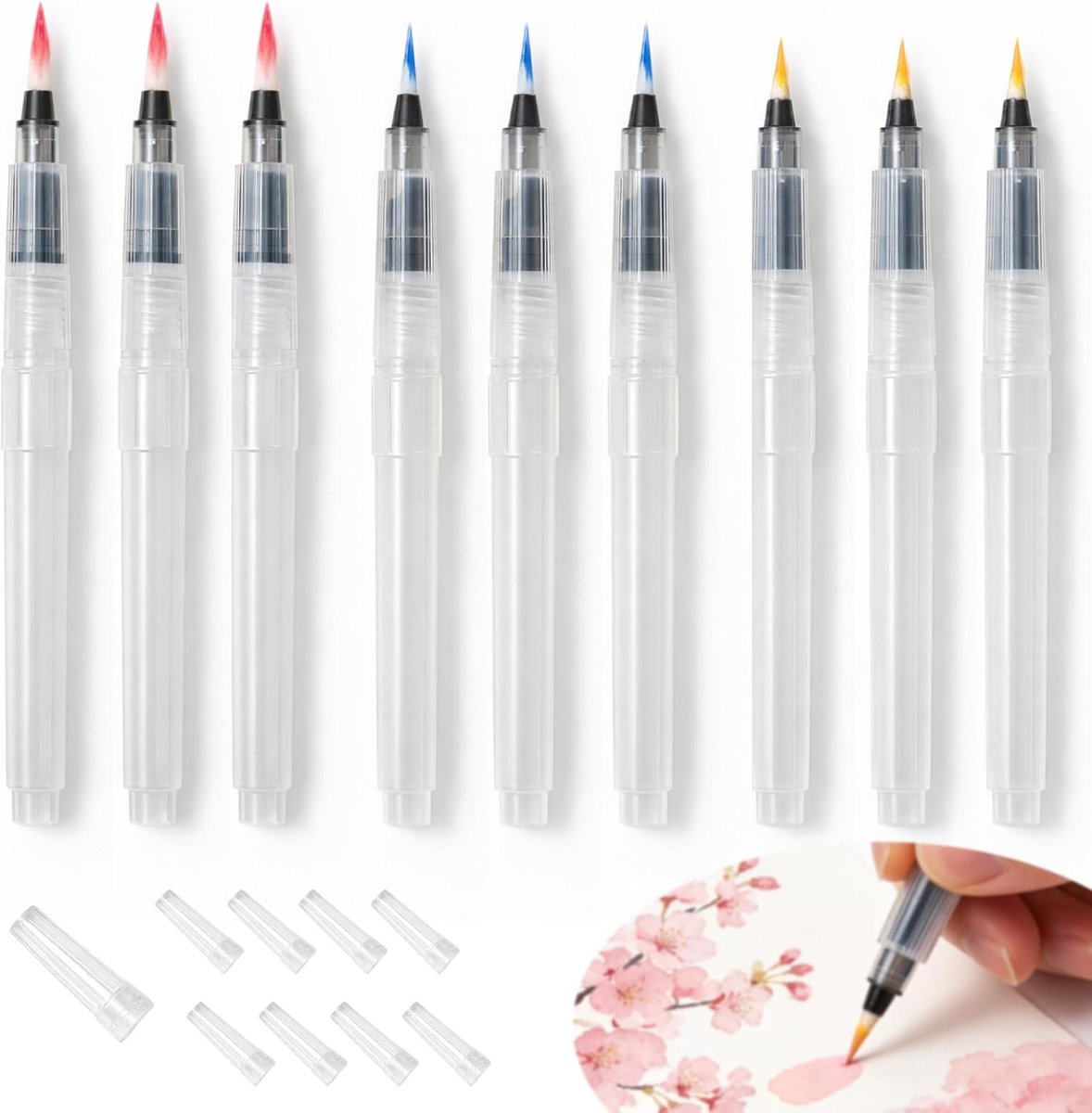 9 stuks aquarelkwasten, Watercolor Brush Pen met navulbaar waterreservoir, waterkwastpennen set voor aquarelverf, tekenen, schetsen, kalligrafie