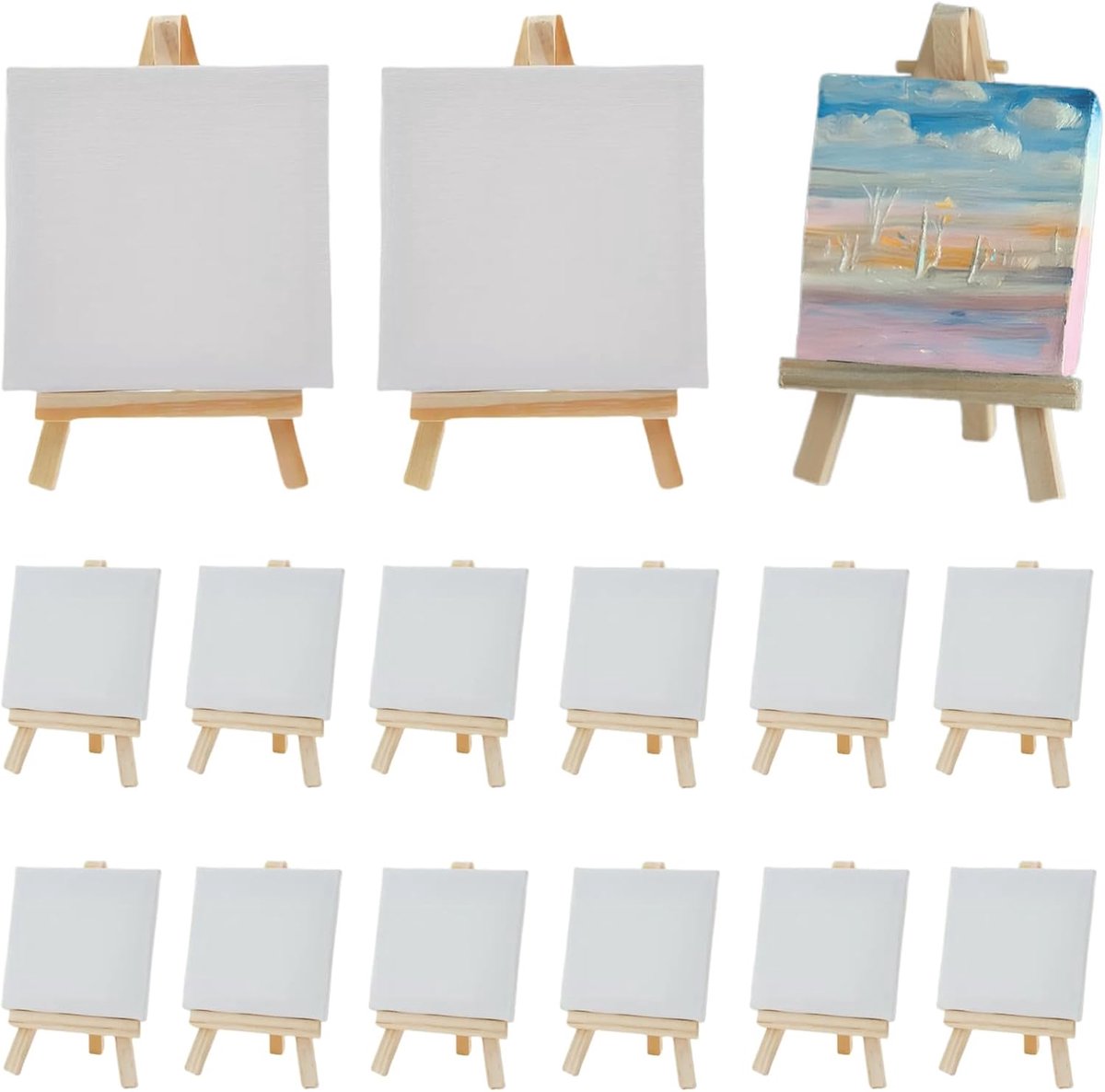 12 Stuks Mini Canvas met Schildersezel, voor Schilderen, Display, Fotoalbums en DIY Creaties, 10 x 10 CM Mini Canvas, 15 x 8 CM Houten Ezel, Opvouwbare Driehoekige Standaard