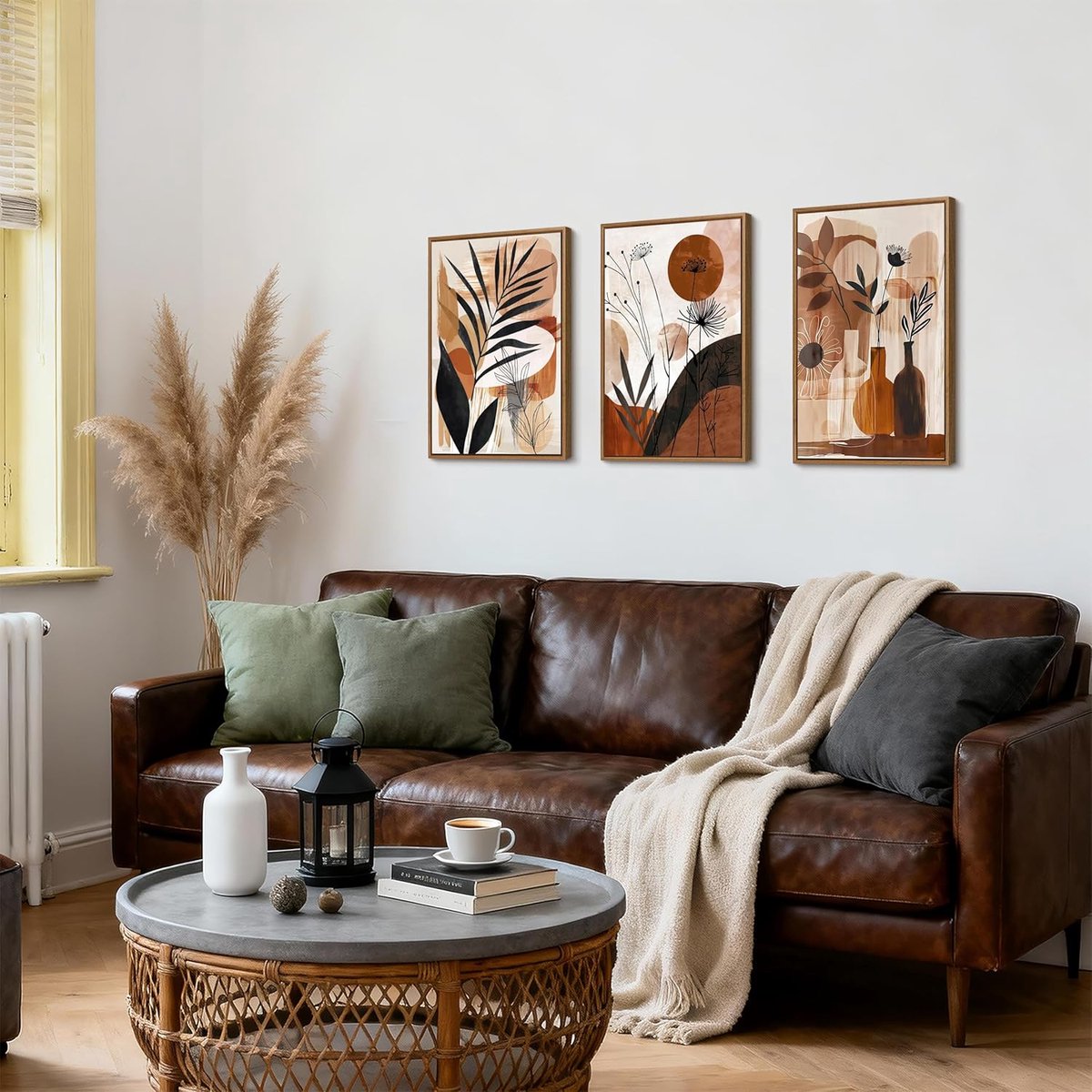Set van 3 ingelijste doeken in boho-stijl met bruine botanische bladeren, minimalistische illustratie voor huisdecoratie voor slaapkamer, woonkamer, kantoor, 40 x 60 x 3 cm — cadeau in Wonen & Interieur - foto 3
