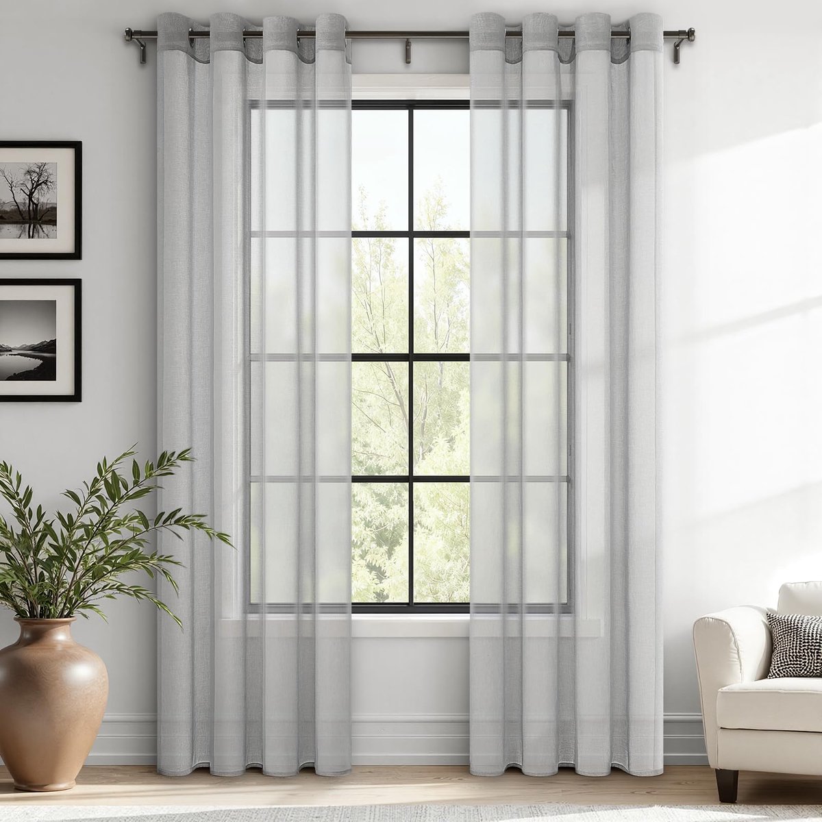 Gordijn voor woonkamer, transparant, 230 cm hoog, met ingestanste ringen, voile gordijnen voor woonkamer, slaapkamer, keuken en winkel, modern, grijs, 230 cm hoog