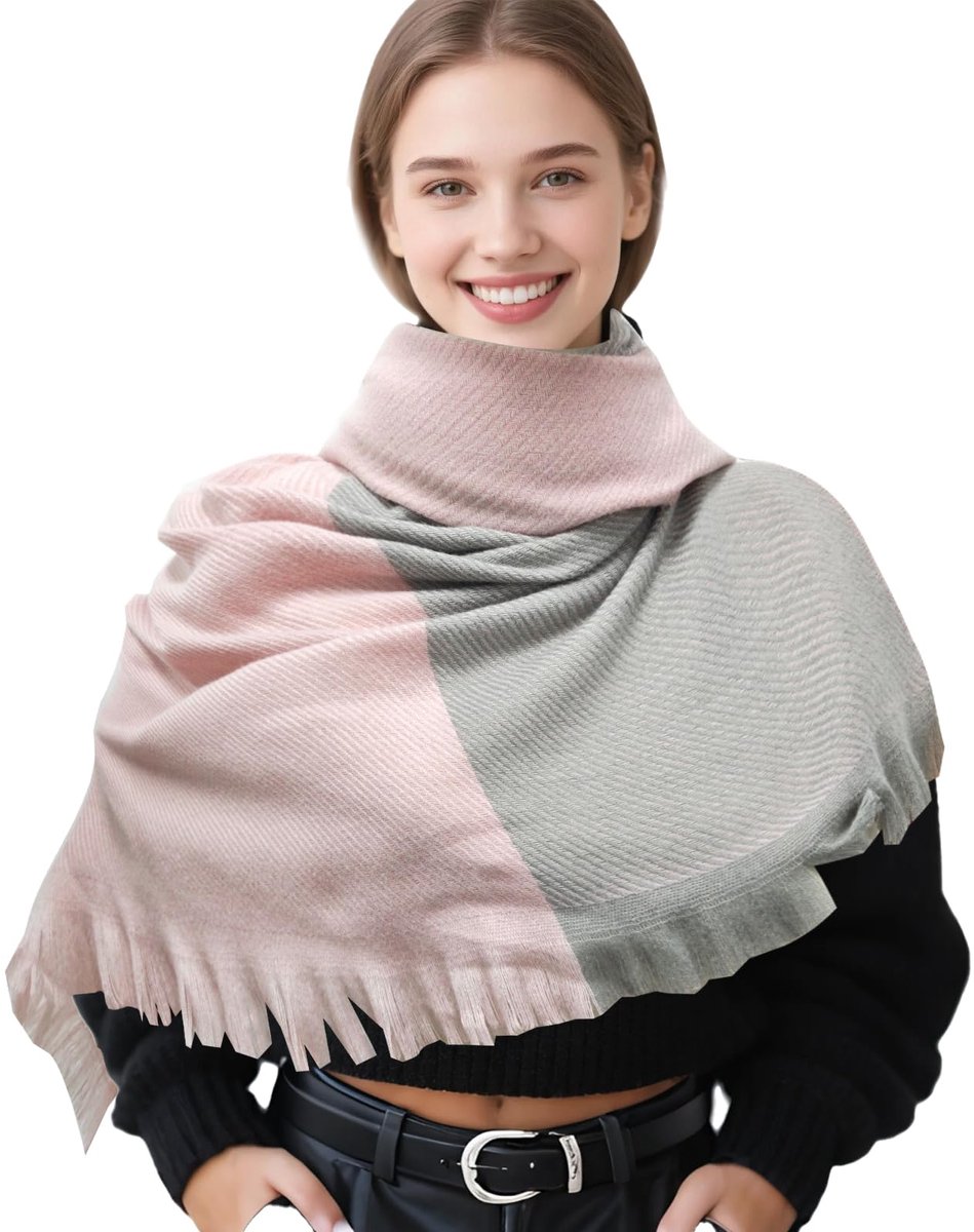 Wintersjaals voor dames, lange zachte kleurblokkerende sjaal warme damessjaals en wraps in de herfst winter - roze-grijs