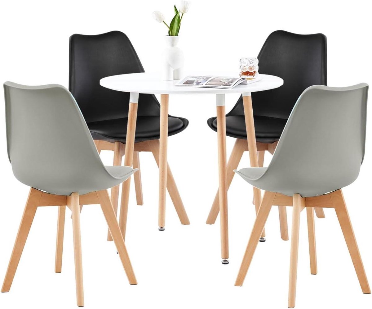 Eettafel met stoelen - Eetkamer set - Gezellig eten - Splitstructuur tafelblad - 80 cm - Wit zwart grijs