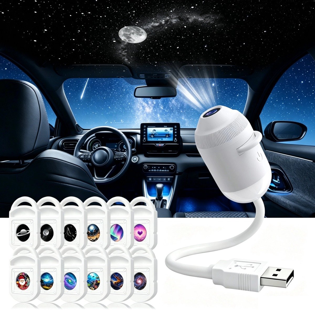 2-in-1 Projector - Sterrenprojector & Nachtlampje - met 12 Verwisselbare Films - HD - flexibele zwanenhals (360° draaibaar) - Plug-and-play - USB Aangedreven - draagbaar - Galaxy Lamp - voor slaapkamers, kinderkamers en gebruik in de auto