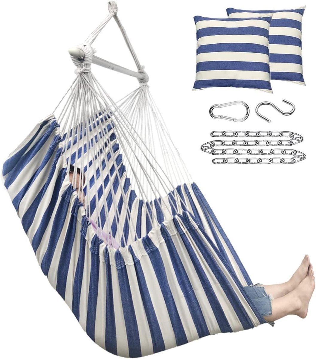 Hangmat Stoel - Hangende Stoel - Buiten Ontspannen - Ruim en Sterk - Max 225 kg - Blauw Wit