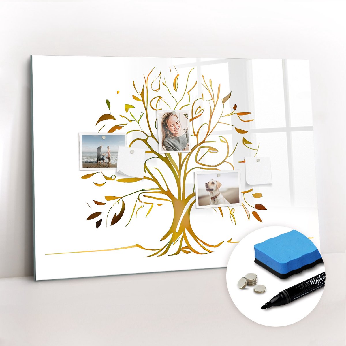 Tulup Whitebord - Gouden boom - 100 x 70 cm - Geel Magneetborden voor vakantiemagneten - Gratis 5 Sterke Magneten + Whiteboard Marker & Wisser - Industrieel Wandbord - Magneetbord Foto - Productiviteit Tools