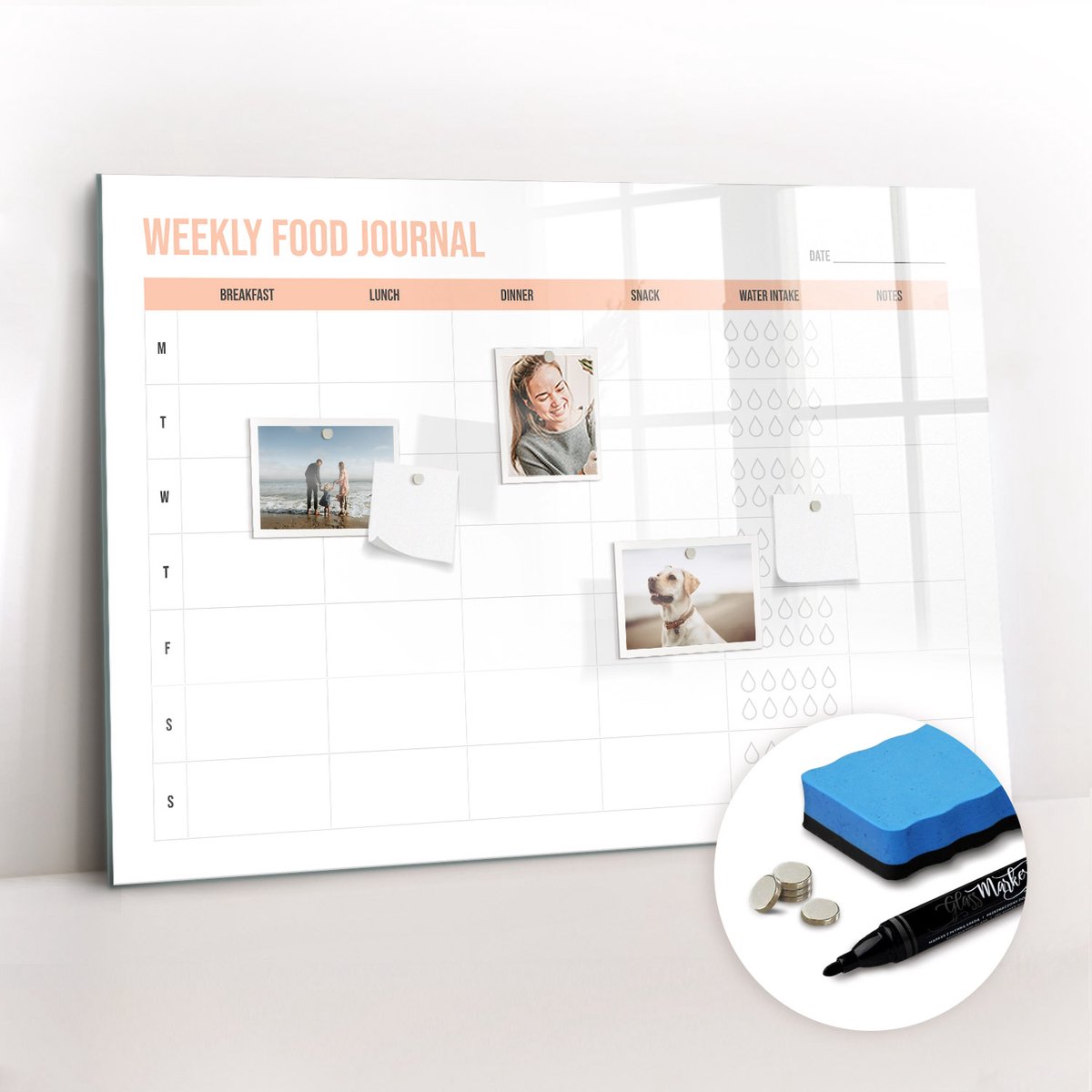 Tulup Whitebord - Keuken weekmenu maaltijdplanner - 100 x 70 cm - Oranje Magneetbord Foto - Gratis 5 Sterke Magneten + Whiteboard Marker & Wisser - Design Memobord - Memo Magneetbord - Productiviteit Tools