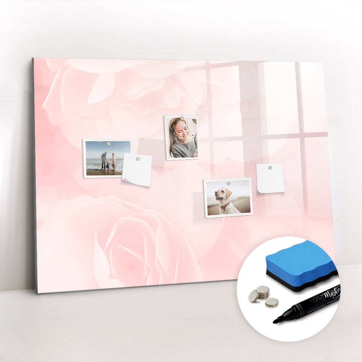Tulup Whitebord - Bloeiende rozen - 100 x 70 cm - Roze Memobord Keuken - Inclusief Gratis Magneten & Marker & Spons - Decoratief Magnetisch Bord - Magneetbord Keuken - Ideeënbord Thuiswerkplek