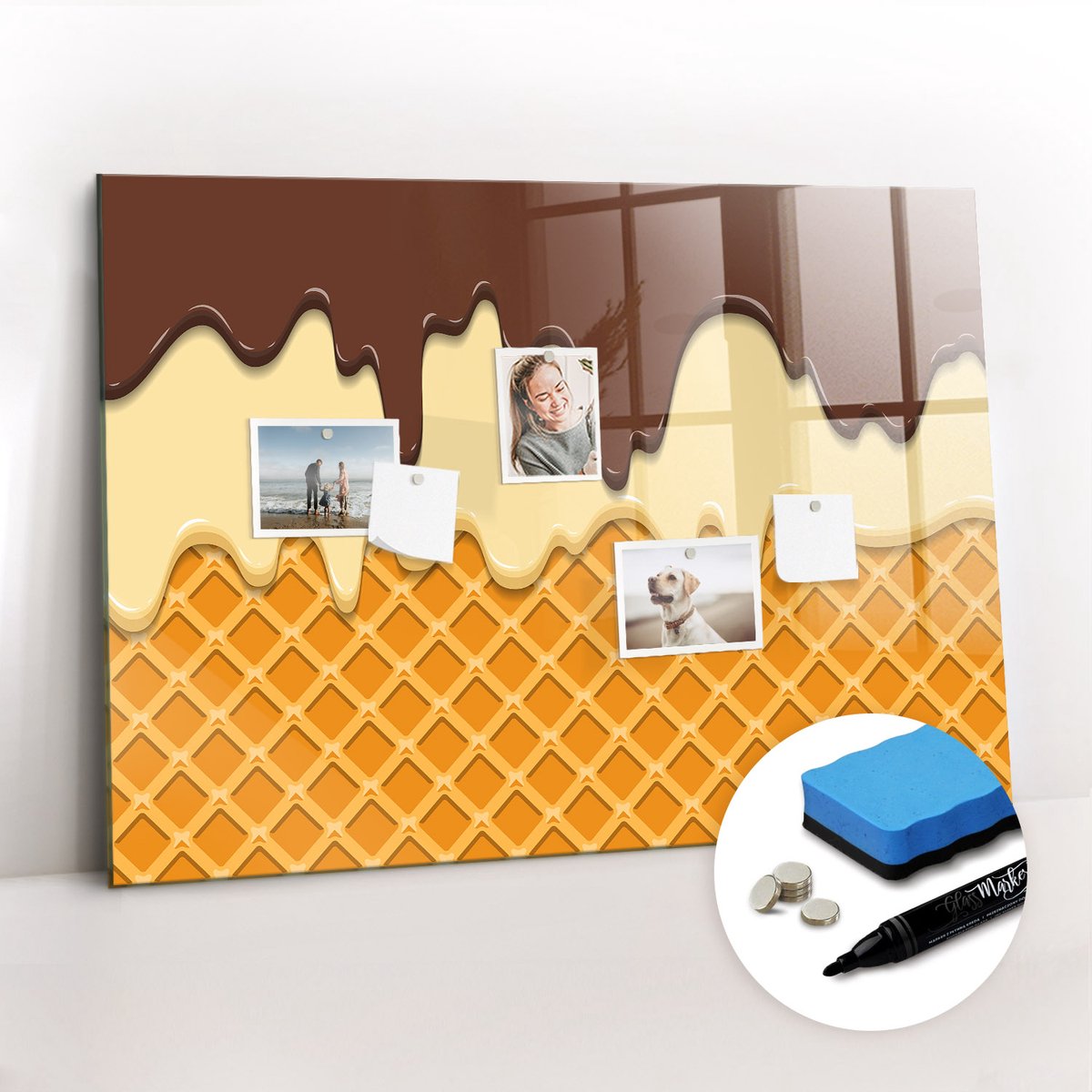 Tulup Whitebord - Ijsje - 100 x 70 cm - Veelkleurig Foto Magneetbord - Gratis 5 Sterke Magneten + Whiteboard Marker & Wisser - Stylish Memo Board - Memobord Glas - Planning Muur