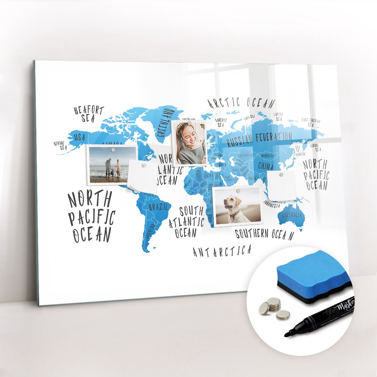 Tulup Whitebord - Blauwe kaart van de aarde - 100 x 70 cm - Blauw Foto Magneetbord - Gratis 5 Sterke Magneten + Whiteboard Marker & Wisser - Minimalistisch Prikbord - Magnet Board - Planning Muur