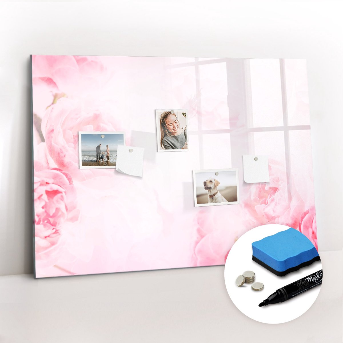 Tulup Whitebord - Bloeiende tuinbloemen - 100 x 70 cm - Roze Memobord Glas - Inclusief Gratis Magneten & Marker & Spons - Wanddecoratie Kantoor - Magneetbord Foto - Ideeënbord Thuiswerkplek
