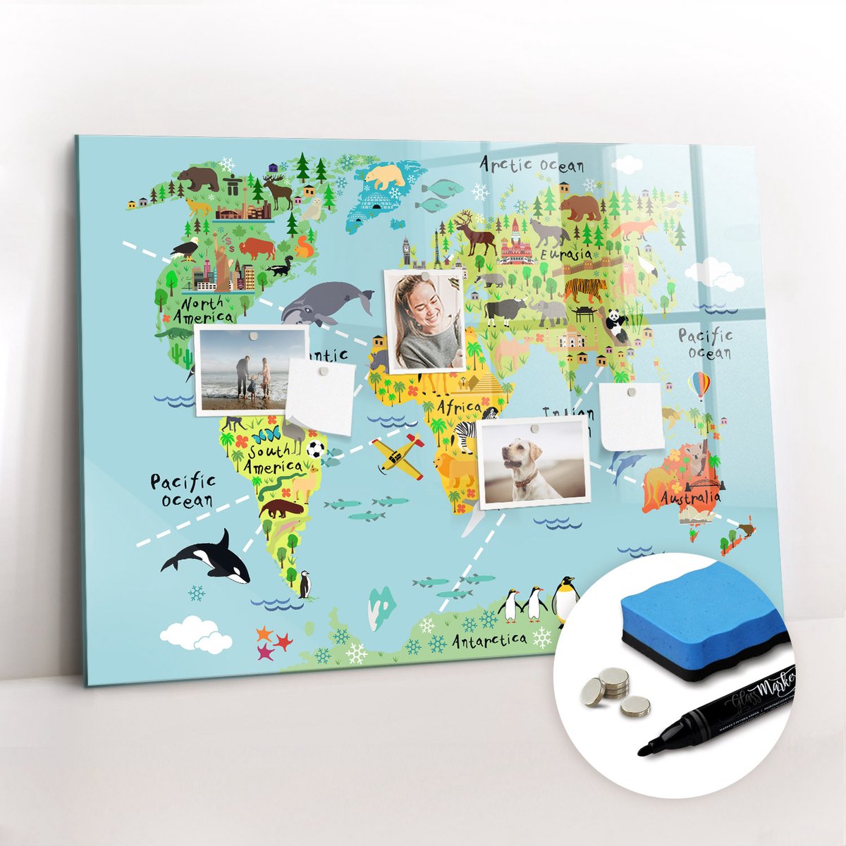 Tulup Whitebord - Geïllustreerde wereldkaart - 100 x 70 cm - Veelkleurig Foto Magneetbord - Inclusief Gratis Magneten & Marker & Spons - Interieur Accessoires Kantoor - Memo Magneetbord - Inspiratiebord Kantoor