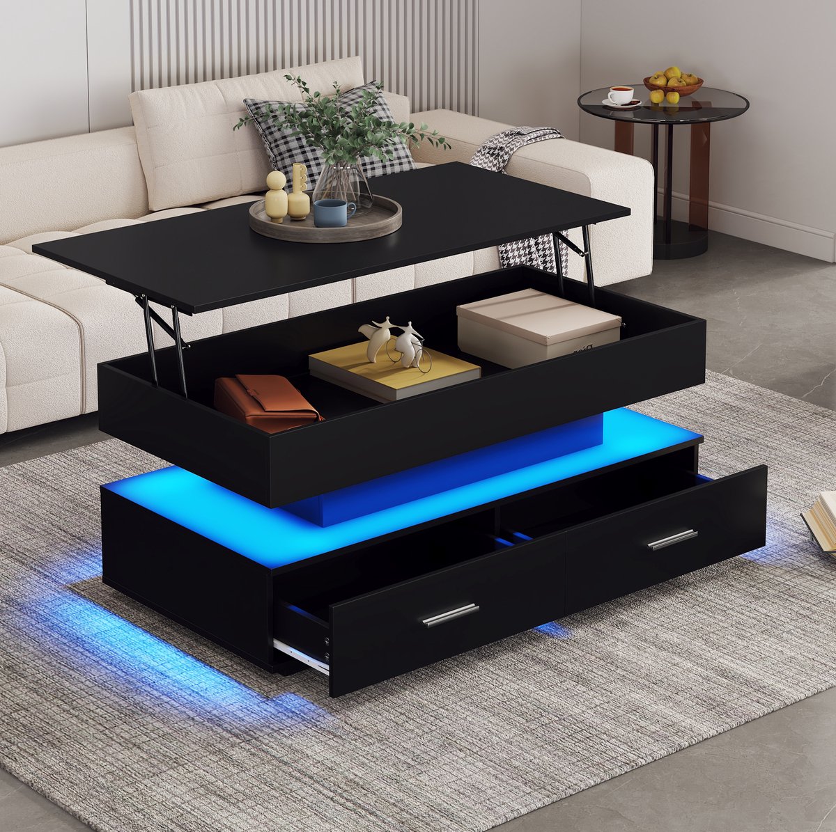 HAUSS SPOLE Salontafel - Hydraulisch Verstelbaar Met Led En 2 Lades - Voor Woonkamer Met Opbergruimte - Spaanplaat - 100x50x44 Cm - Zwart