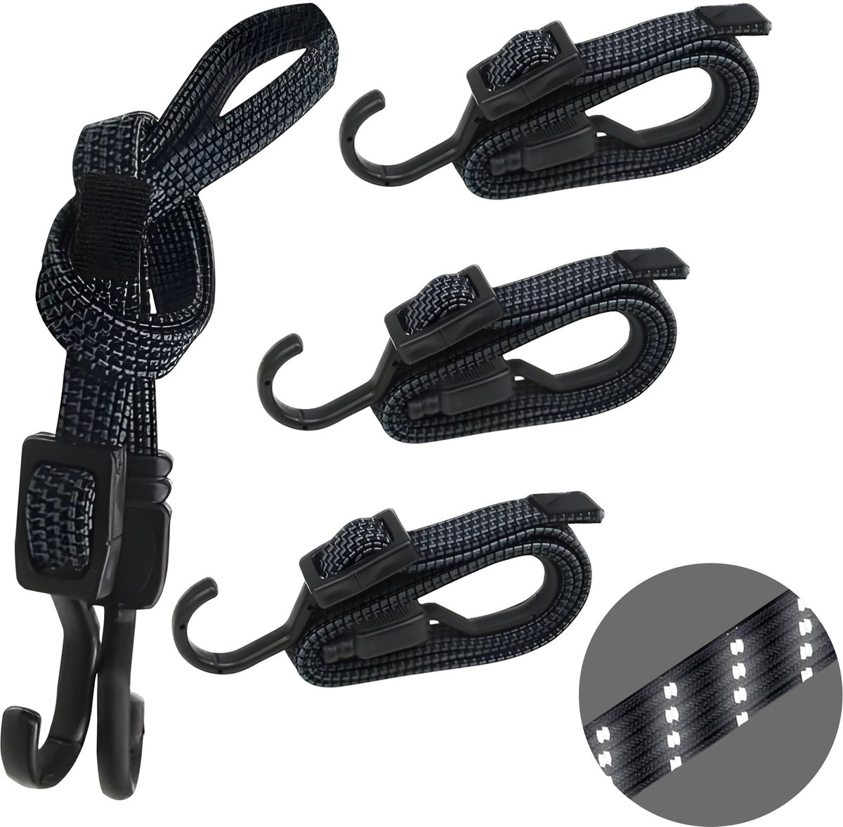 expander met metalen haken, set van 4, 100 cm platte bagagespanner, zwart rubberen touw, e