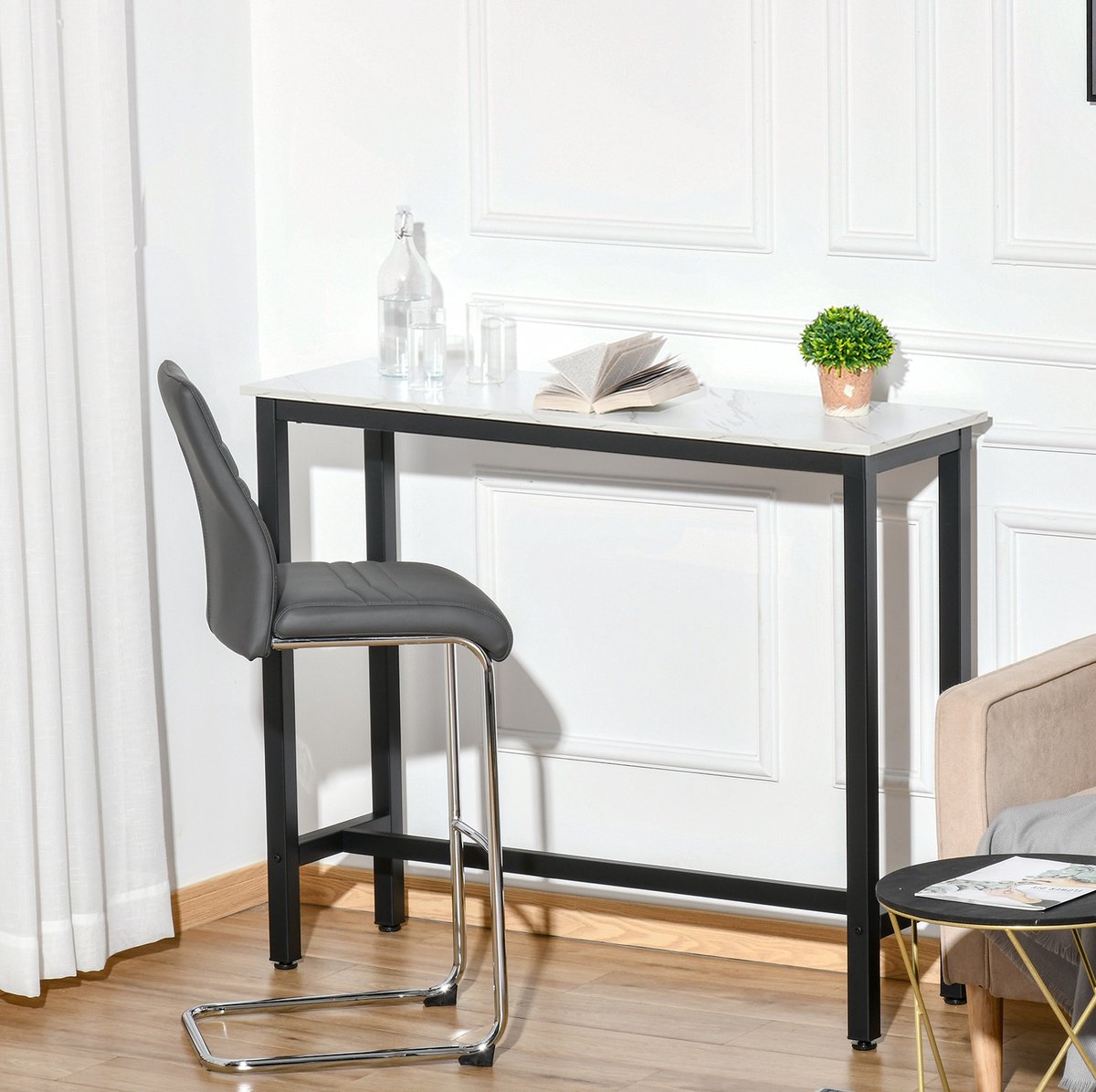 MEUNIQ Bartafel 120 x 40 x 100 cm met marmerlook tafelblad, stalen frame en verstelbare voetjes, statafel voor keuken, eetkamer, hal of woonkamer, wit en zwart White