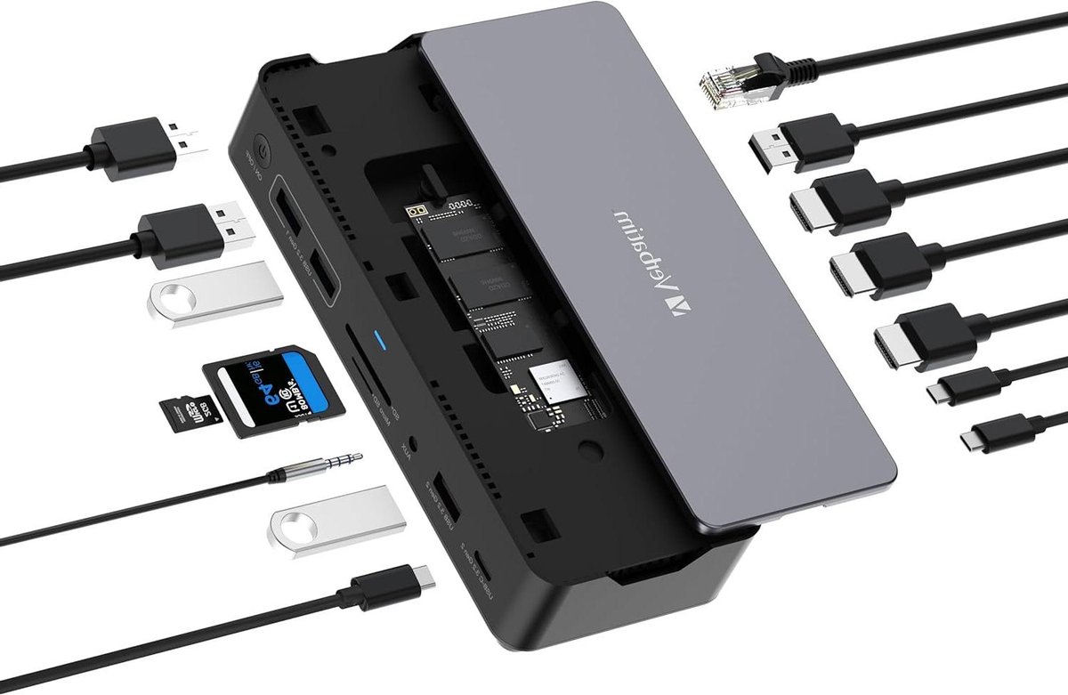 USB-C Docking Station - Hub Uitbreiding - Werkplek Organiseren - 15 Poorten Inclusief SSD - 22 x 11.5 cm - Zwart