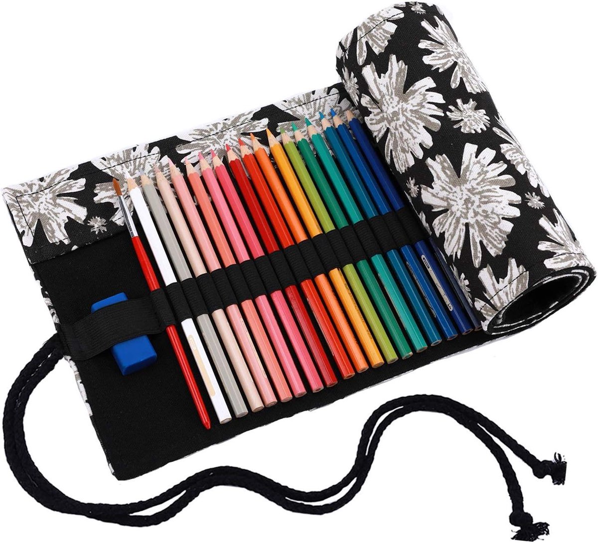 Pencil Organizer - Etui Roltas - Tekenen en Kleuren - Opvouwbaar Ontwerp - 48 Potloden - Zwart