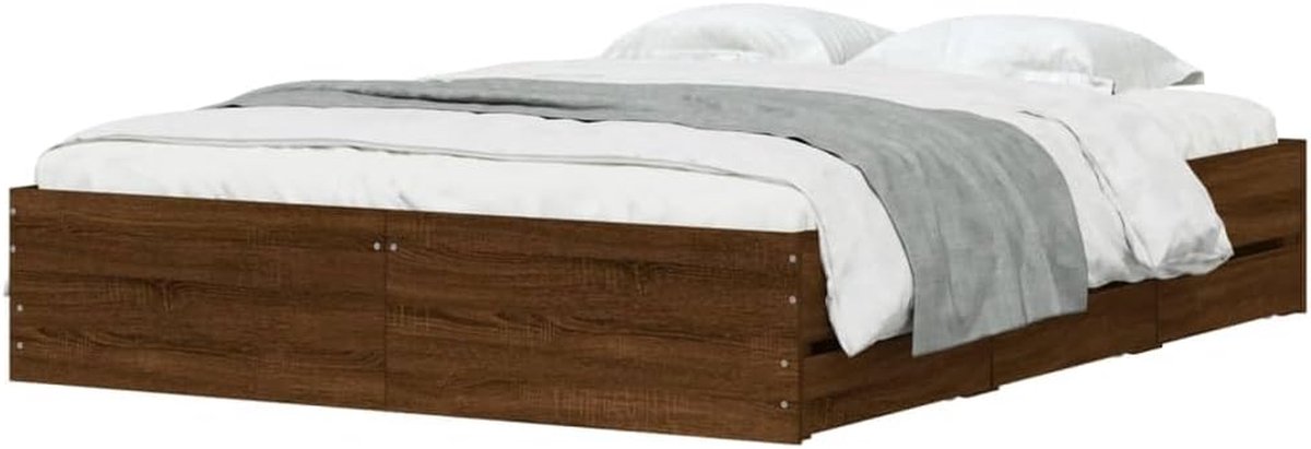 Bedframe met lades - Tweepersoonsbed - Slaapkamer Inrichten - Praktische opbergruimte - 140x190 cm - Bruin eiken