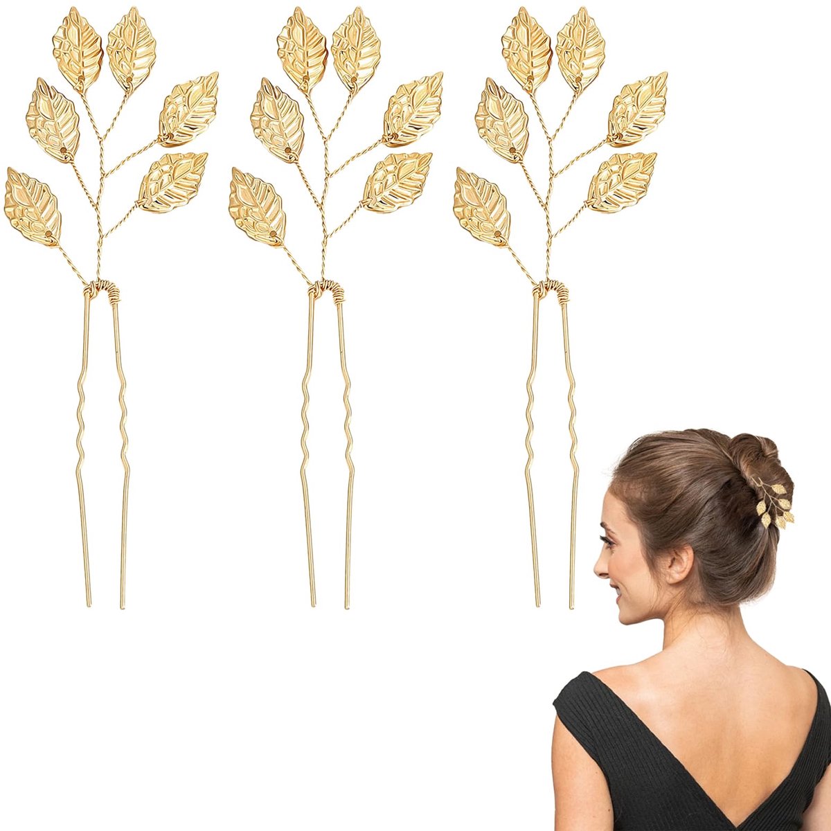 3-delige set gouden blad haarspelden, bruiloft haaraccessoires, U-vormige bruids hoofddeksel
