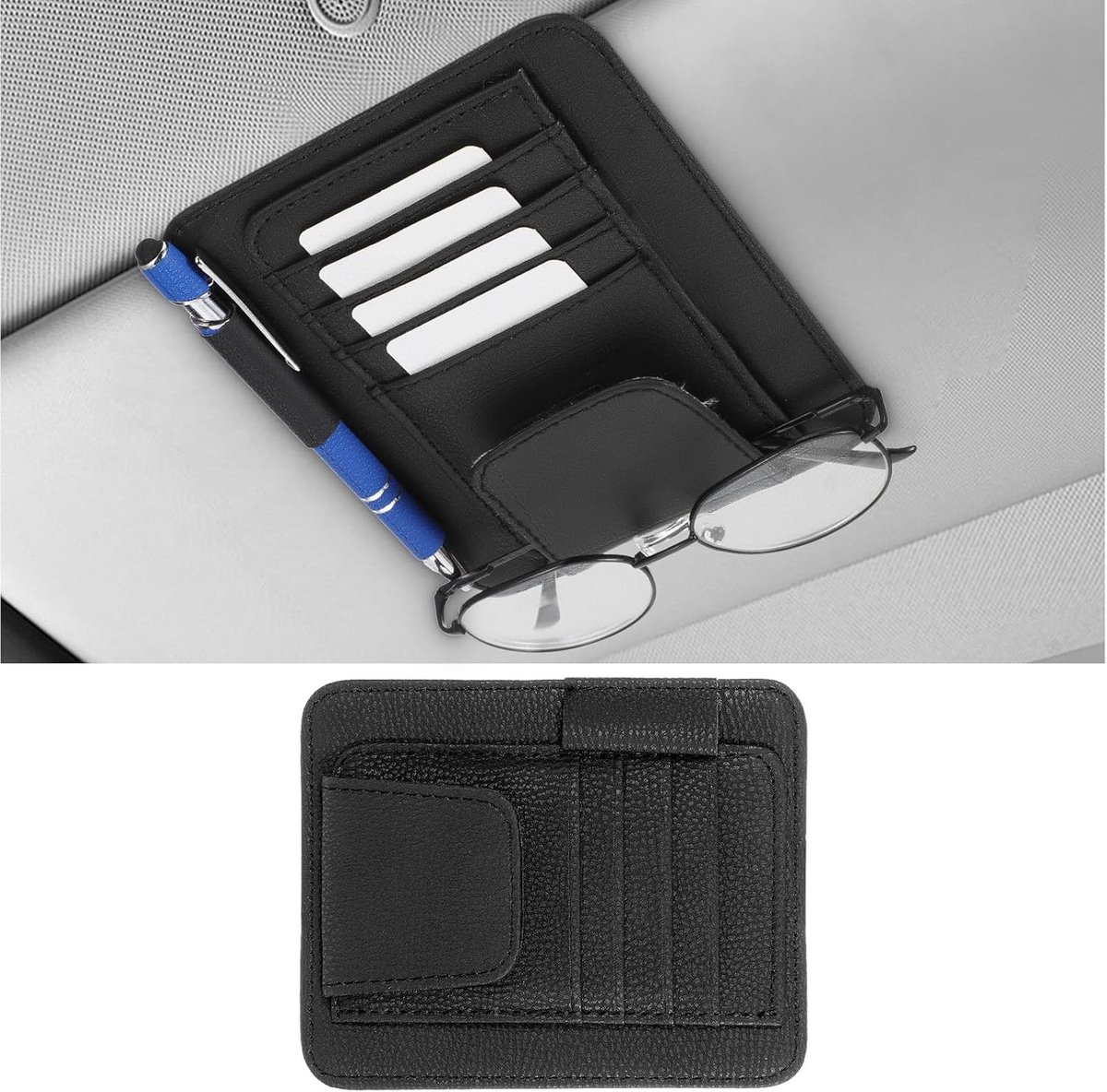 lederen auto-zonneklep organizer met opbergzakje en zonnebrilclip, autokaarthouder registratie-/verzekeringssleuf, creditcardvakjes, auto-interieurorganizer voor auto's zonneklep (zwart)