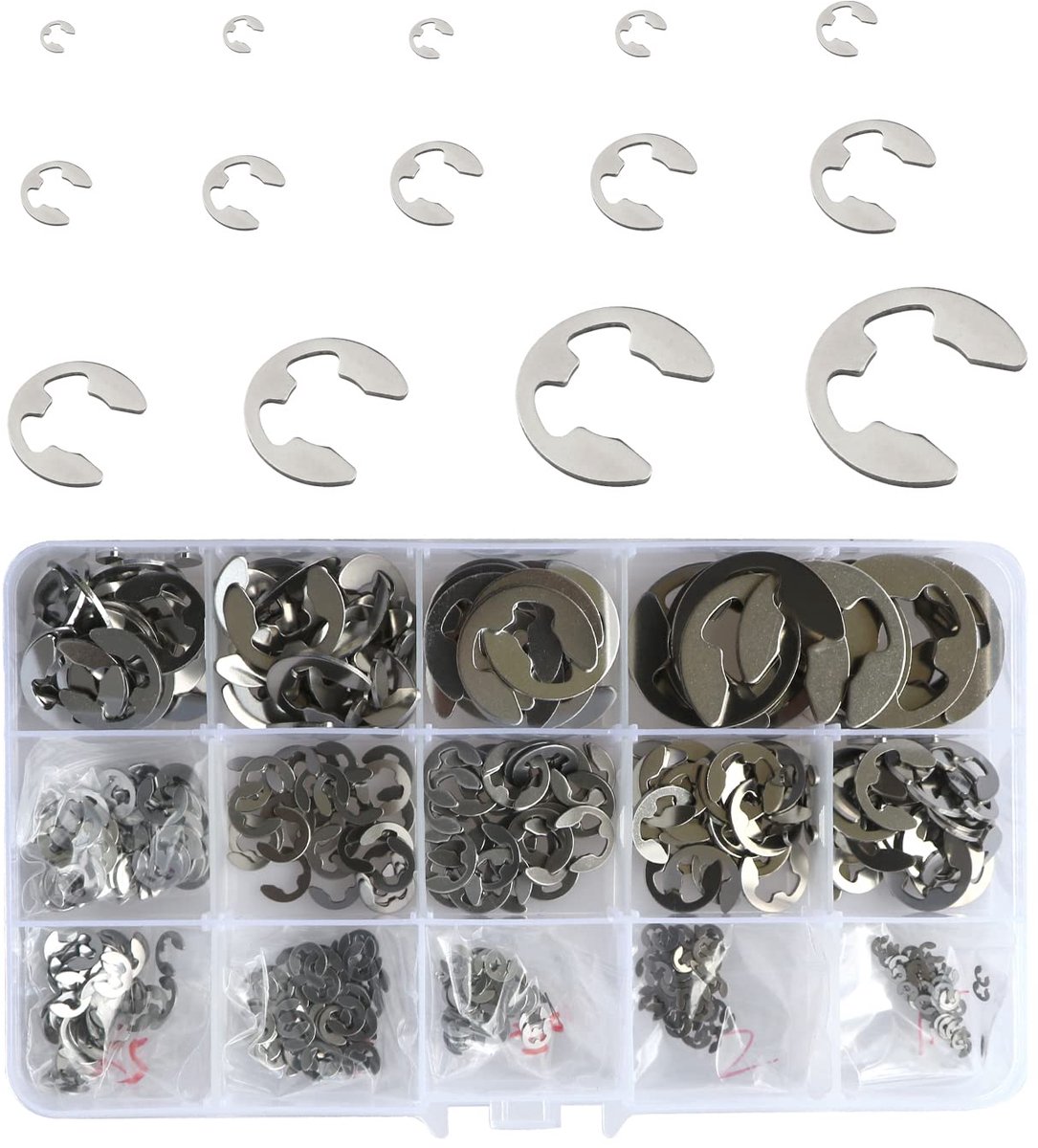Roestvrij Staal Circlips Set, 510 Stuks, 14 Maten E-Clips (M1.5-M15mm) voor Interne/Externe Asbevestiging