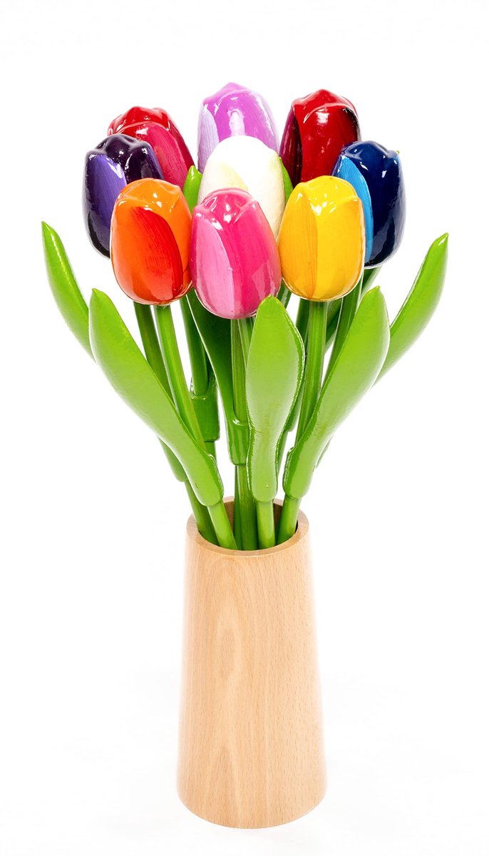 Houten tulpenboeket, houten bloemen, houten decoratie, houten kunstbloemen, 9 houten tulpen, 34 cm, incl. houten vaas, boeket, decoratie, cadeau, veelkleurig