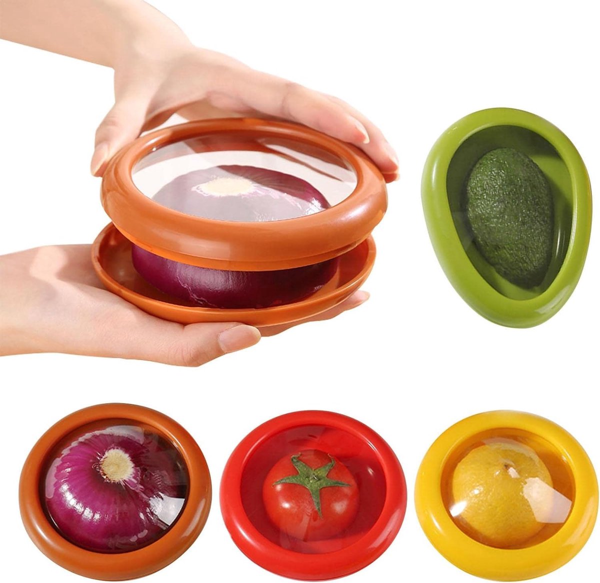4 stuks fruit-groentespaarders avocado, uien, tomaten en citroen keeper/saver/houder, herbruikbare koelkastopbergdoos voor het vers houden van levensmiddelen