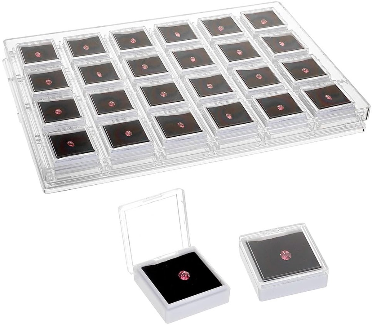 PH PandaHall 24 Roosters Edelsteen Display Box met 24 stks 4cm Vierkante Gevallen Transparant Venster Show Case Diamond Conrainers Zwarte Spons Binnen Organizer Gevallen voor Collectibles Crystal