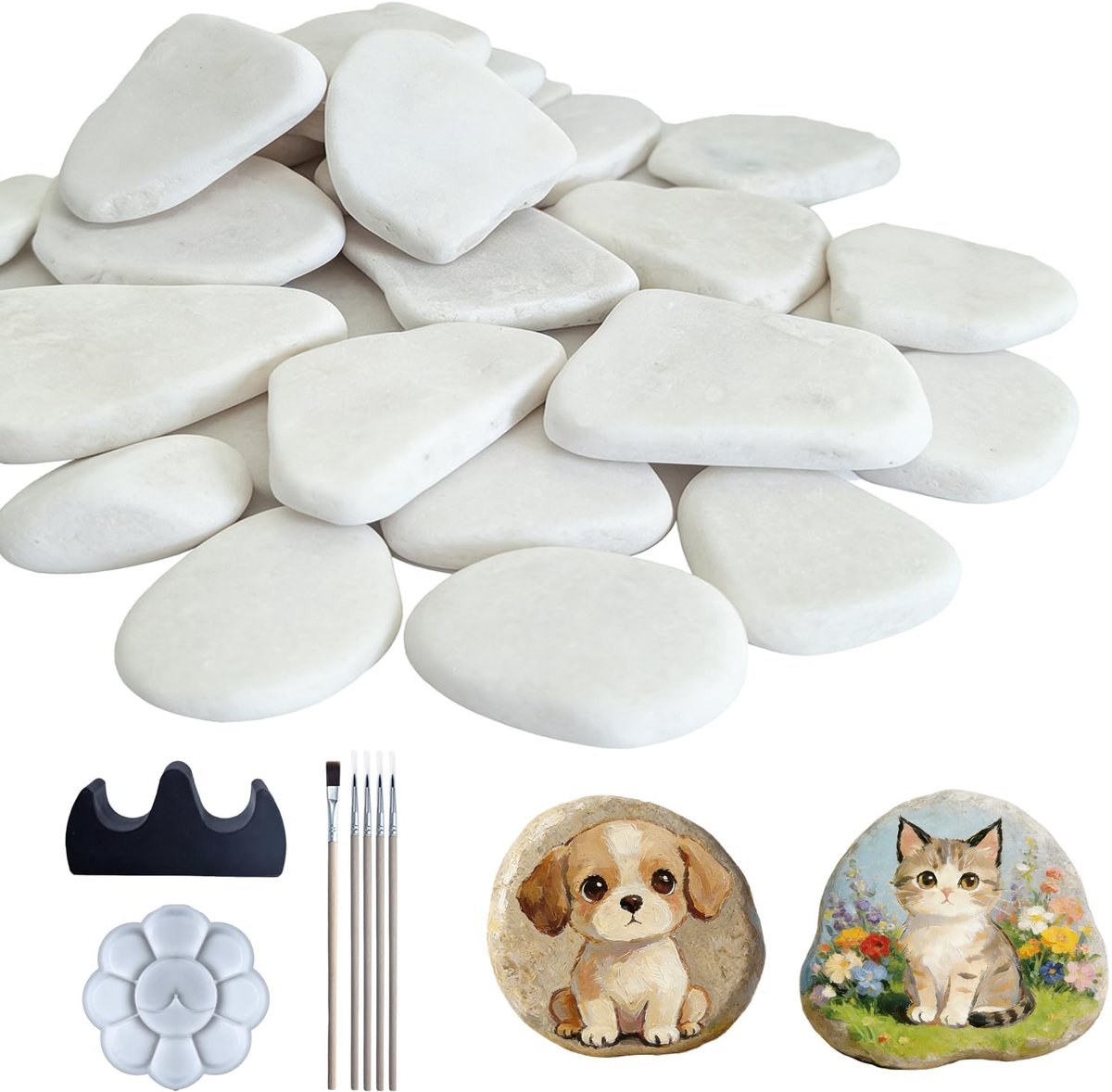 3-8 cm platte stenen om te beschilderen, 16 stuks, om te beschilderen, platte decoratieve stenen, wit, natuursteen, decoratie, gladde kiezelstenen voor tuindecoratie, decoratie van potplanten