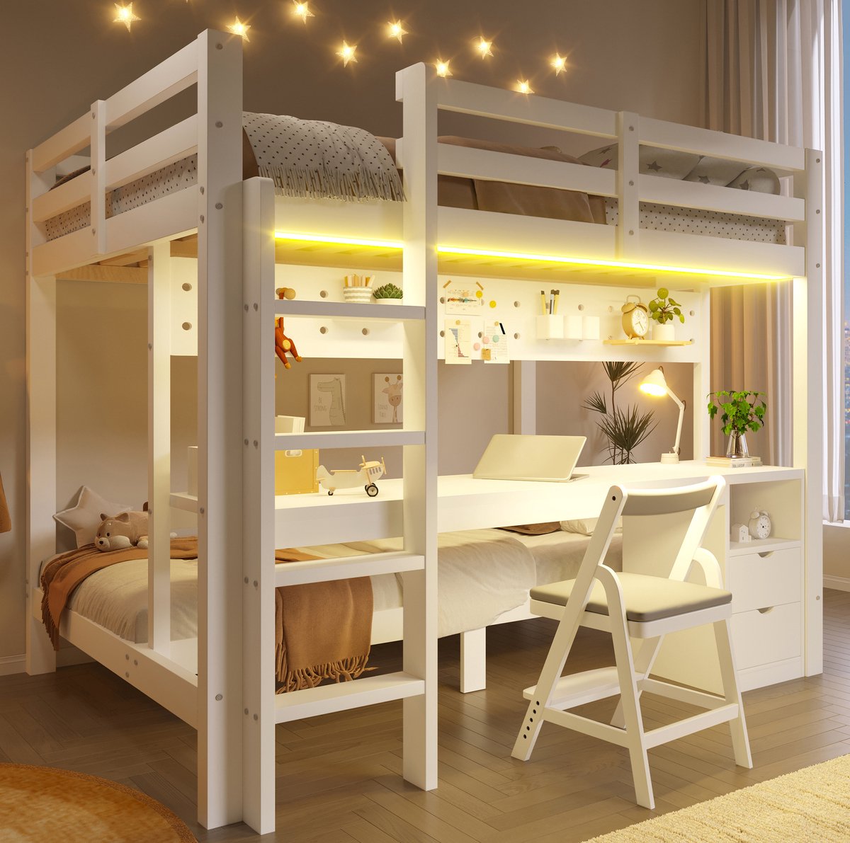 MIVRAY Hoog Laag Bed 140x200 en 90x200 cm - Zonder Matras met Bureau, Lades en LED Verlichting - Opbergruimte - Hout - Wit
