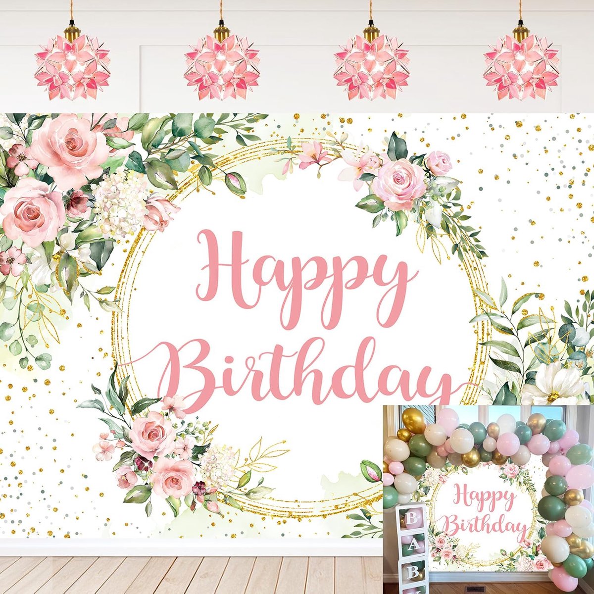 Achtergrond met roze bloem, gelukkige verjaardag, 2,4 x 1,80 m, groen met eucalyptusbladeren, fotografie-achtergrond met lentefeest, banner voor meisjes, babyborrel, verjaardagsdecoraties